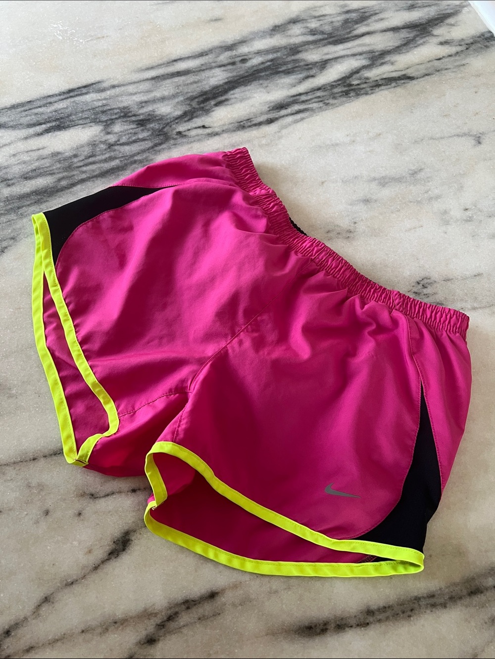 Nike Women's Bright Pink Running Shorts with Neon Yellow Trim